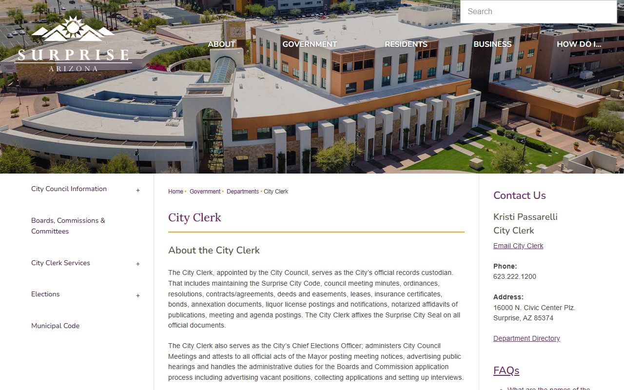City of Surprise Clerk homepage