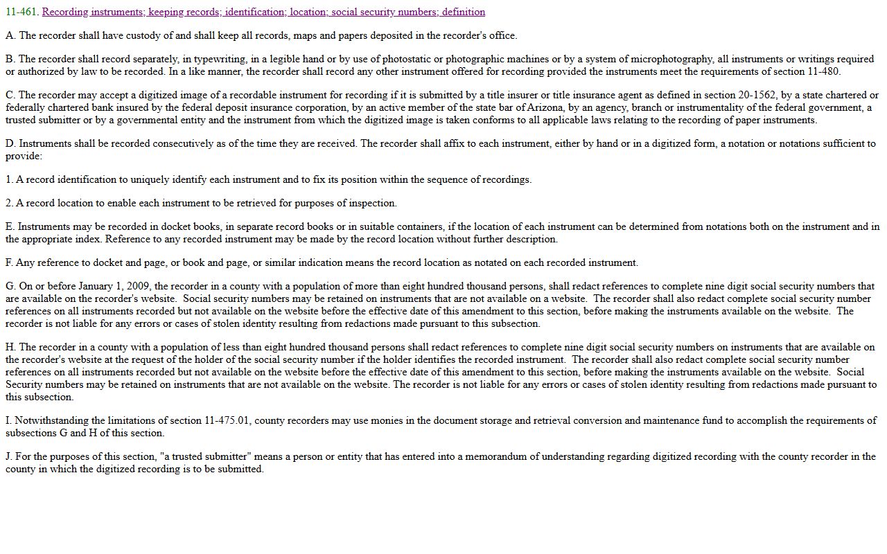 Arizona Revised Statutes Section 11-461 recording requirements