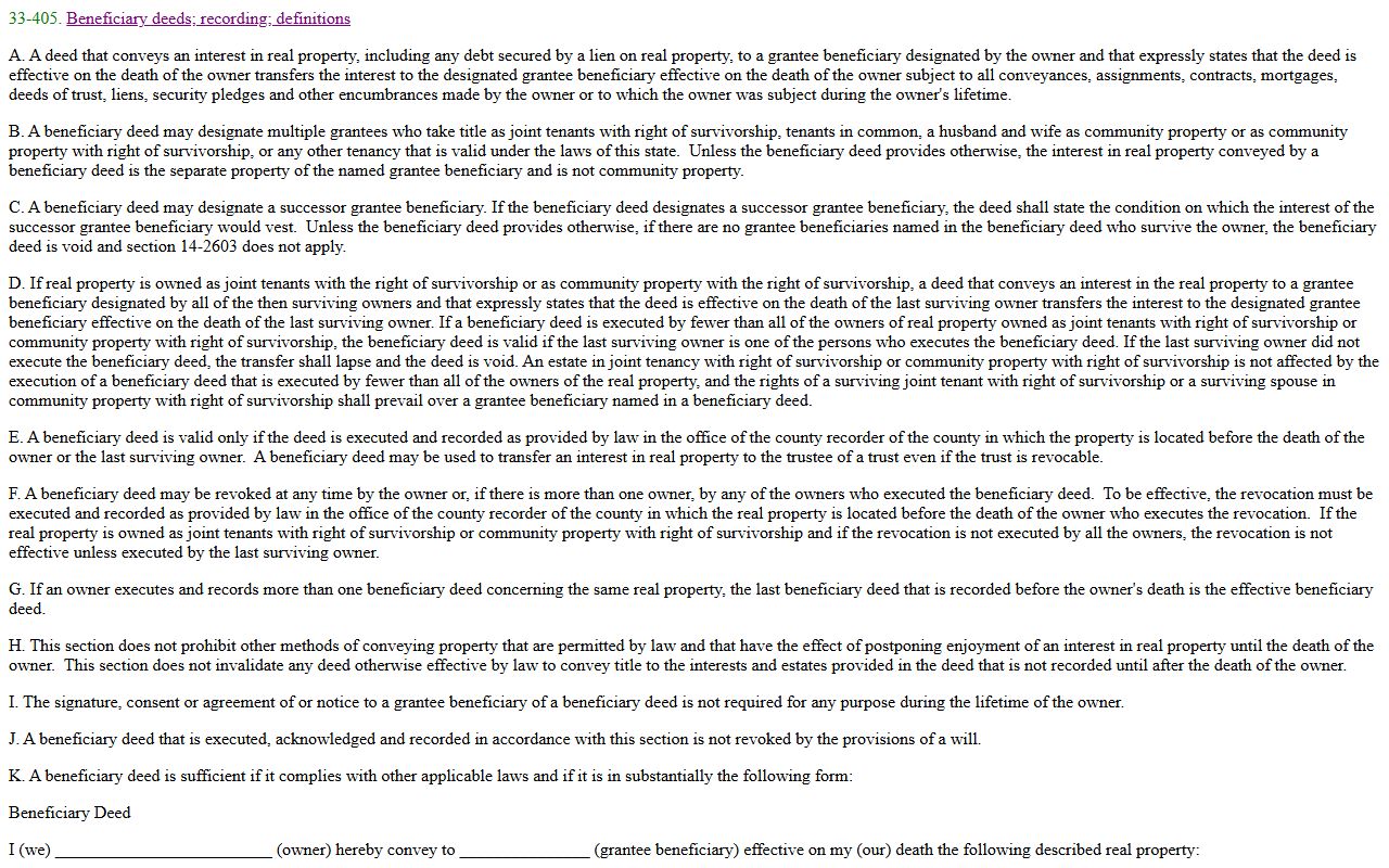 Arizona Revised Statutes Section 33-405 beneficiary deed statute