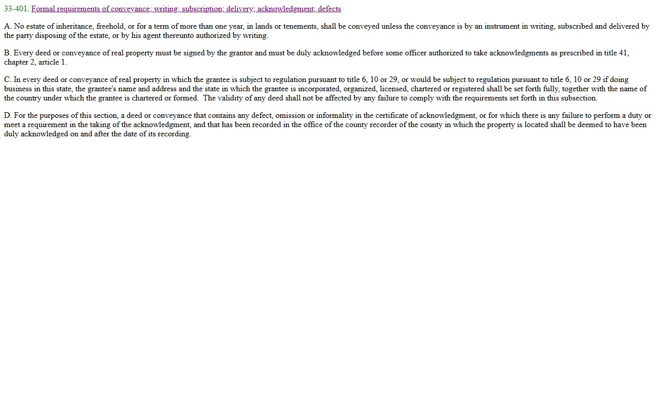 Arizona Revised Statutes Section 33-401 formal requirements for conveyances