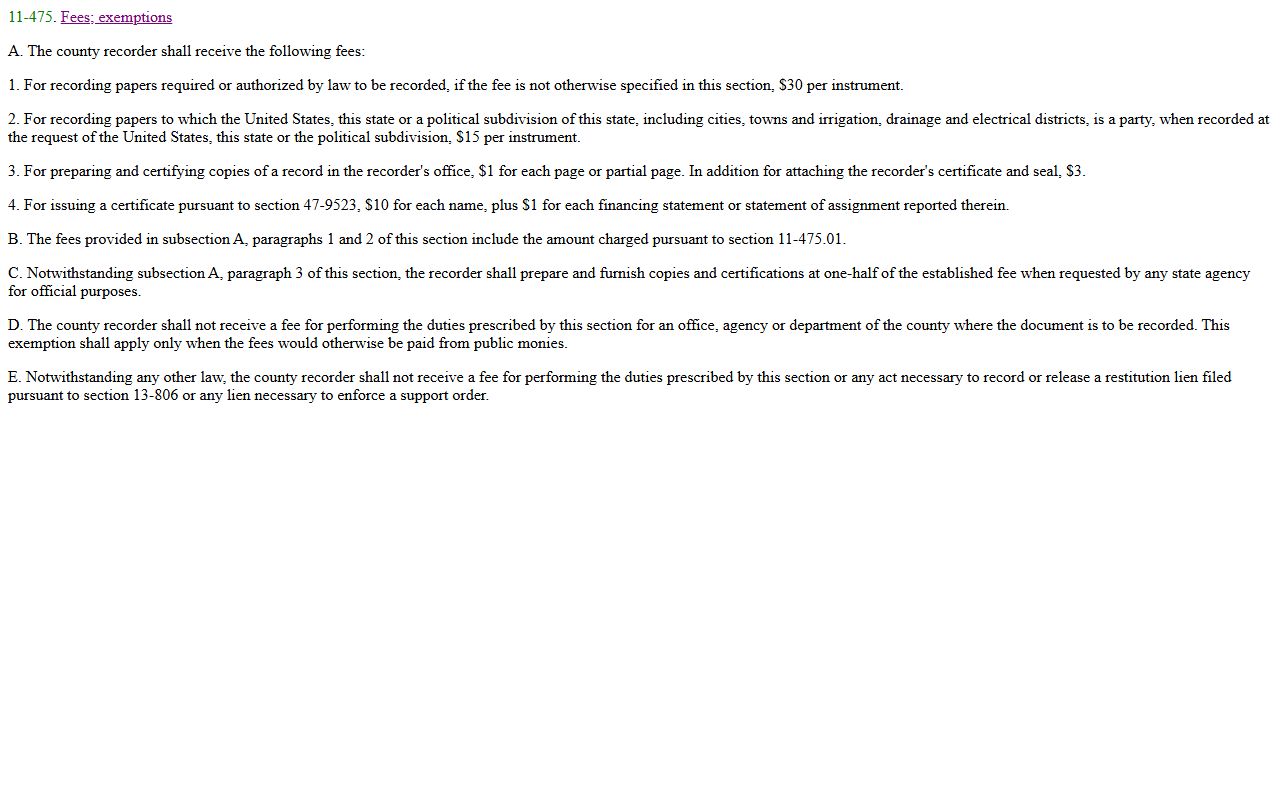 Arizona Revised Statutes Section 11-475 recording fee schedule